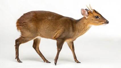 Fototapeta premium Realistic Muntjac deer on white studio background, small slender body with short antlers and reddish-brown fur, detailed wildlife portrait, sharp focus, professional lighting