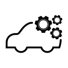 Car service and repair icon with a simple outline of a car and three cogwheels (gears) partially emerging from the body. Represents vehicle maintenance, automotive settings, mechanical engineering