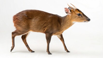 Realistic Muntjac deer on white studio background, small slender body with short antlers and reddish-brown fur, detailed wildlife portrait, sharp focus, professional lighting