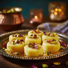 Peda on an ornate golden plate. Rich texture, warm lighting, and cinematic close-up capture the authentic beauty of this traditional Indian dessert in a luxurious style.