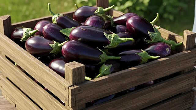 Fresh eggplants in wooden crate displayed outdoors