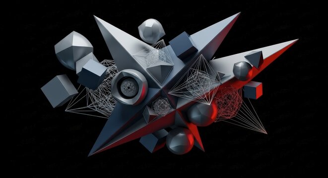 Abstract Geometric Sculpture with Complex Structure and Red Lighting