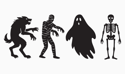 Fototapeta premium Halloween Horror Silhouettes – Werewolf, Mummy, Ghost and Skeleton Icons in Black