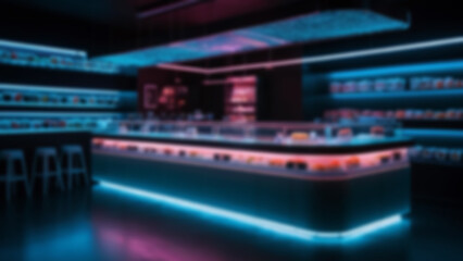 background blurred Floating sushi bar with transparent belts and LED-lit trays, clean design with minimal elements, futuristic background, late night, neon accent lighting, 24mm lens.