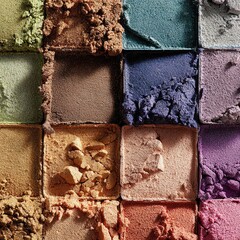 Palette of textured eyeshadows in square pans, closeup