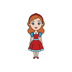 Cute cartoon girl in a red dress with blue accents