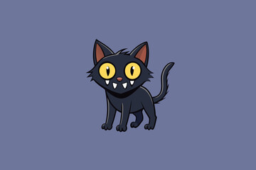 Spooky cartoon black cat with big yellow eyes and sharp teeth