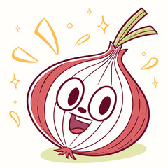 Happy cartoon onion character with sparkles