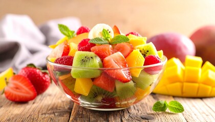 Colorful fruit salad with kiwi mango berries and mint garnish in glass bowl on wooden surface for editorial food photography healthy eating and culinary freshness-themed visuals