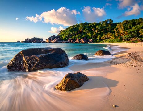 Pristine tropical beach scene; turquoise water, boulders, verdant coastline