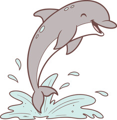 Joyful dolphin leaping out of water creates splashy waves isolated on transparent background