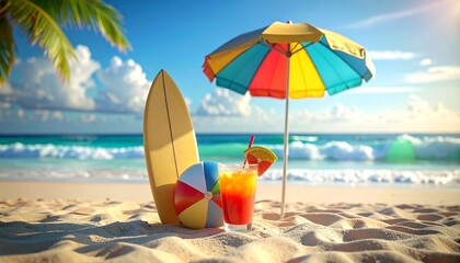 Colorful beach scene with umbrella surfboard tropical drinks and ocean backdrop under blue sky for editorial travel photography summer leisure and tropical vacation-themed visuals