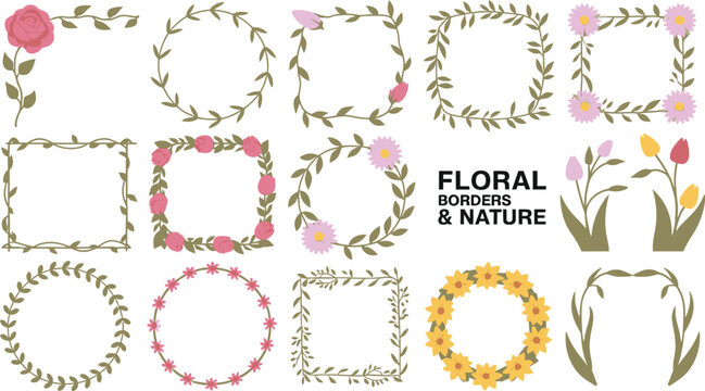 Assorted Floral Frames with Roses, Tulips, Daisies, and Leaves for Decoration or Invitations