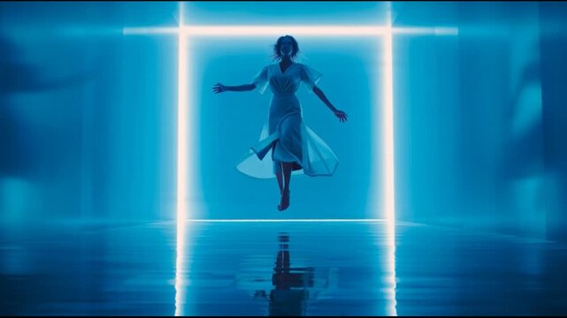 Woman levitating in illuminated space with glowing rectangle