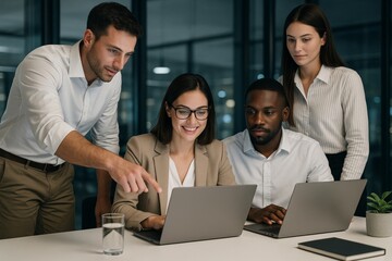 Diverse business team collaborating on laptops during late evening office meeting, focused on teamwork, leadership and productivity concept. Ai generative