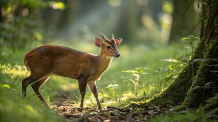 Realistic Muntjac deer in natural forest habitat, small reddish-brown deer with short antlers, surrounded by lush greenery and sunlight, detailed wildlife nature photography