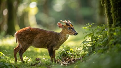 Realistic Muntjac deer in natural forest habitat, small reddish-brown deer with short antlers, surrounded by lush greenery and sunlight, detailed wildlife nature photography
