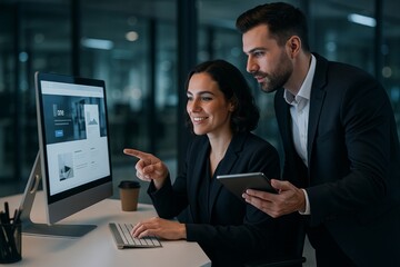 Business professionals collaborating at computer in dark office, discussing website design and digital strategy late at night with focus and teamwork. Ai generative
