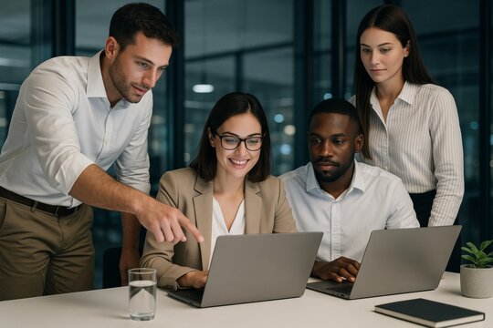 Diverse business team collaborating on laptops during late evening office meeting, focused on teamwork, leadership and productivity concept. Ai generative