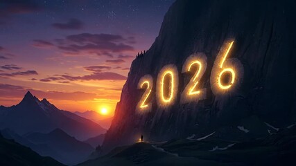 Glowing numbers on mountain at sunset signifying future year - Powered by Adobe