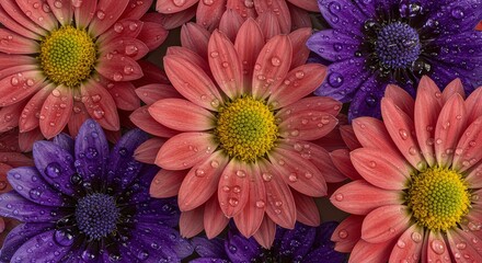 Close up of vibrant colorful daisy flowers with water droplets macro details