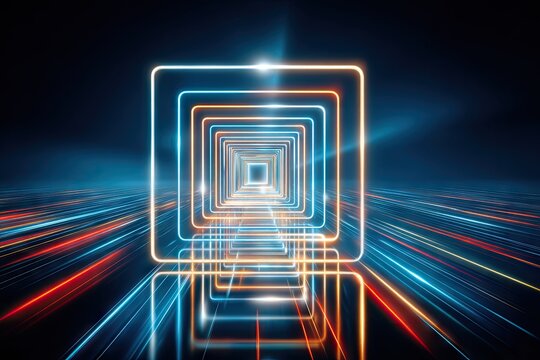 Neon tunnel with light streaks creates futuristic perspective - Powered by Adobe