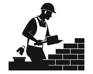 Bricklayer working with tools silhouette on a white background