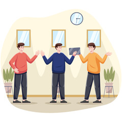 Three Male Colleagues Communicate and Share Ideas in an Office Environment to Solve a Problem