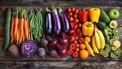 Assorted vibrant fruits and vegetables on rustic wood
