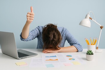 Exhausted woman at desk with thumb up showing burnout and approval in modern office workspace with laptop and charts on white desk surface. Ai generative