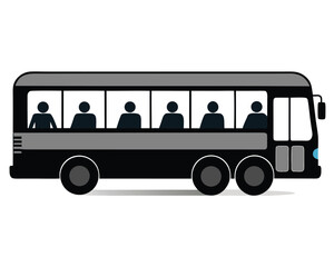 Silhouette of a bus filled with commuters traveling on a white background