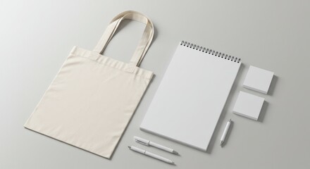 Blank Tote Bag, Notepad, Pens, Mockup.