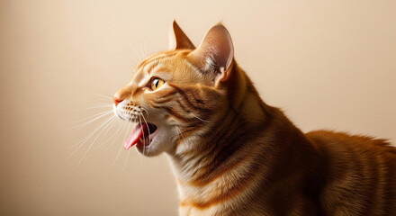 A ginger cat captured mid-yawn or meow with a funny expression, a perfect candid and humorous pet portrait for fun, relatable content