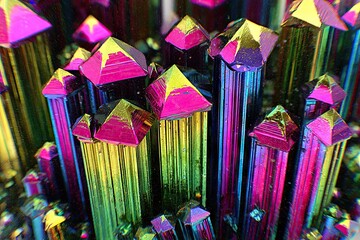 Iridescent bismuth crystal cluster with step-like pyramid structures