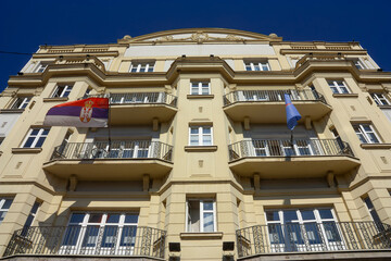 Close up of the facade of an interwar building