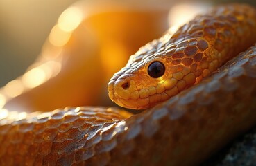 Fototapeta premium Close view of amber scaled snake head against warm blurred background. Reptile eyes observe, scales create intricate mosaic pattern. Natural wild animal detail, textured skin surface, sunny day light.