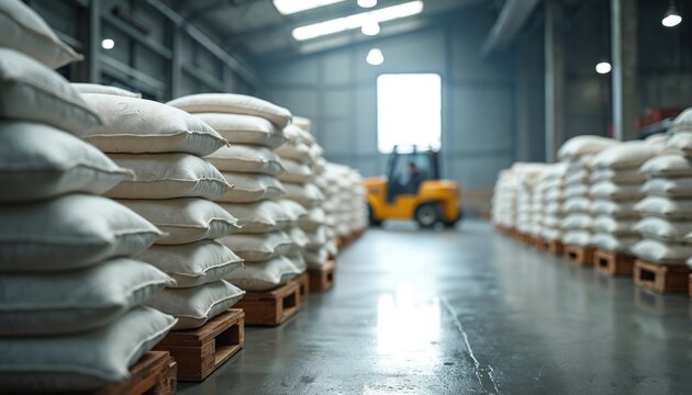 Rows of stacked white flour sacks on wooden pallets in a large warehouse. Forklift truck in the background. Storage and transportation of bulk goods for food production and baking industry.