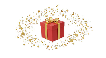 Elegant red gift box with golden ribbon surrounded by festive confetti on black background