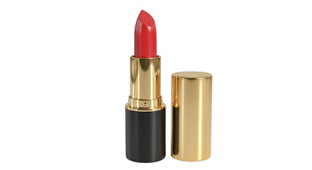Elegant Red Lipstick with Golden Tube and Cap on Black Background for Beauty Product Imagery
