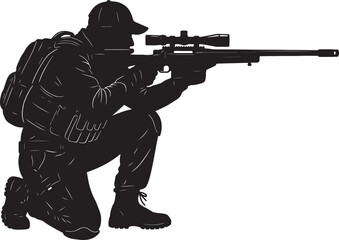 Silhouette of a Crouching Sniper Aiming a Rifle with a Scope and Backpack vector illustration also transparent background