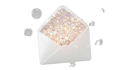 Envelope filled with sparkling confetti floating on a black background in celebration
