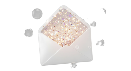 Envelope filled with sparkling confetti floating on a black background in celebration