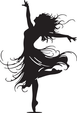 Silhouette of a Graceful Dancer in a Flowing Dress with Windblown Hair dancing also transparent background