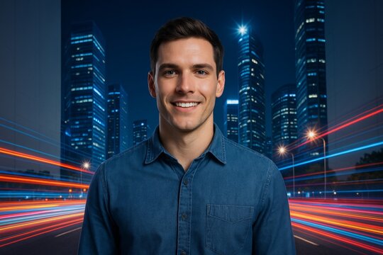 Smiling young man in denim shirt standing in front of futuristic city skyline with light trails at night, concept of urban lifestyle and modern energy. Ai generative - Powered by Adobe