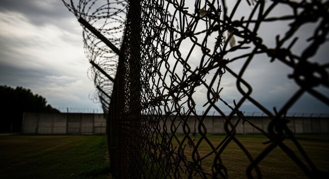 Barbed wire against a grey sky, symbolizing restriction and confinement