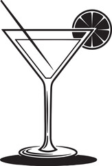 Black and White Silhouette of a Martini Glass with Lime Slice and Straw on a White Background cocktail also transparent background