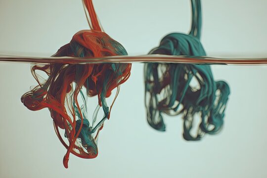 Red and blue ink diffusing in water, abstract, fluid plumes