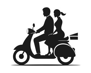 Couple riding a scooter on a white background silhouette