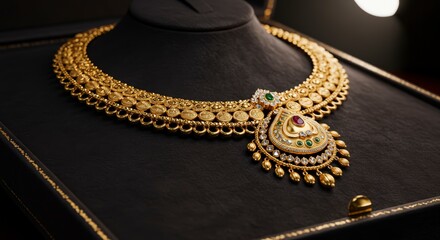 Elegant gold necklace displayed on a dark surface in studio lighting