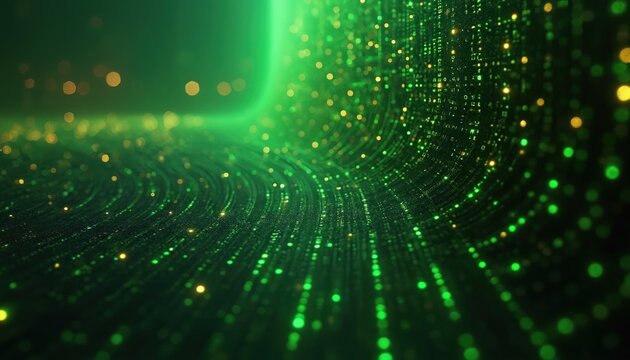 Abstract digital art with flowing green binary code particles. Tech inspired visual composition features lines dots creating dynamic pattern. Futuristic artistic backdrop for innovative projects